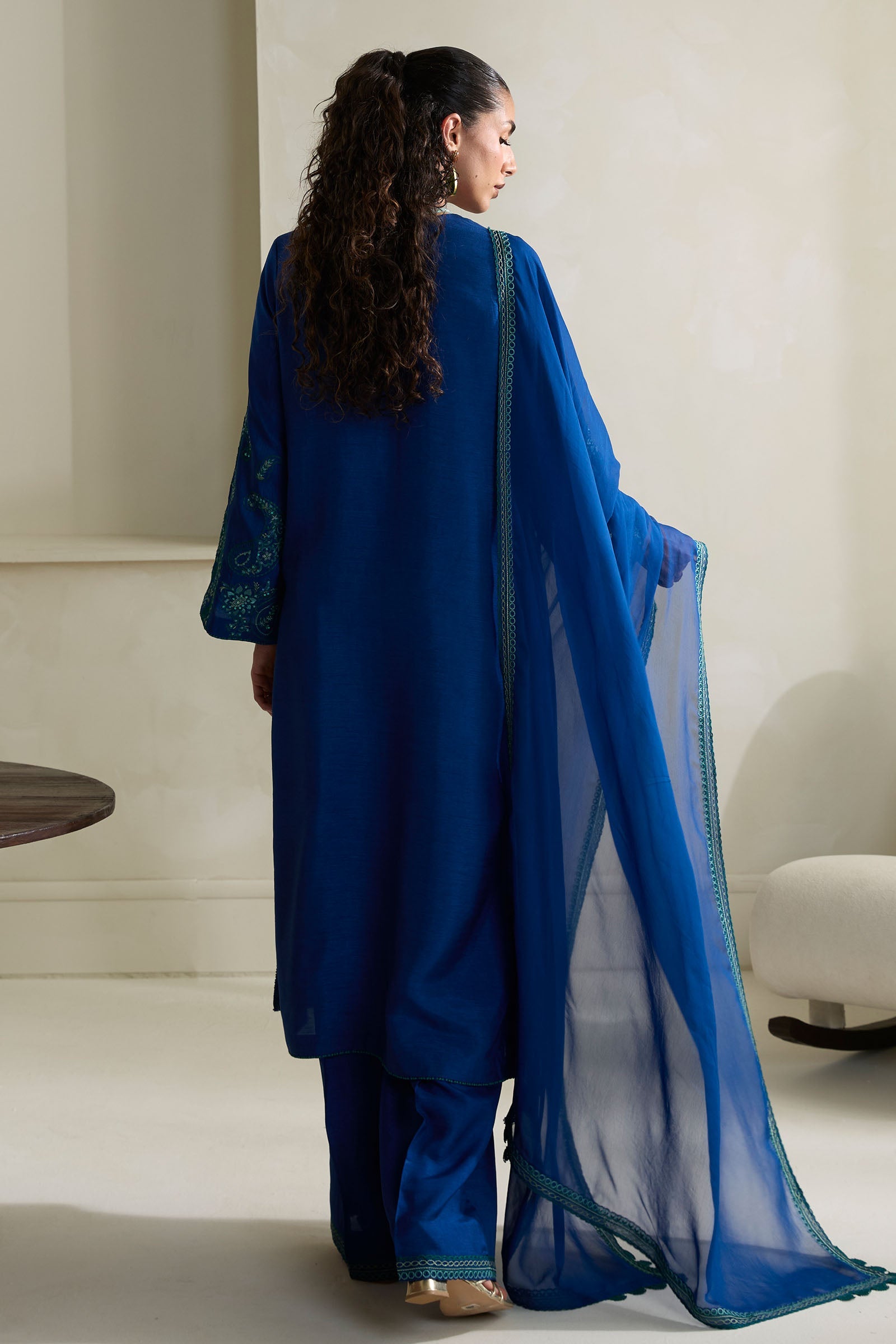 Cobalt Blue Embroidered Raw Silk Salwar Kameez (3-Piece) - Image 2