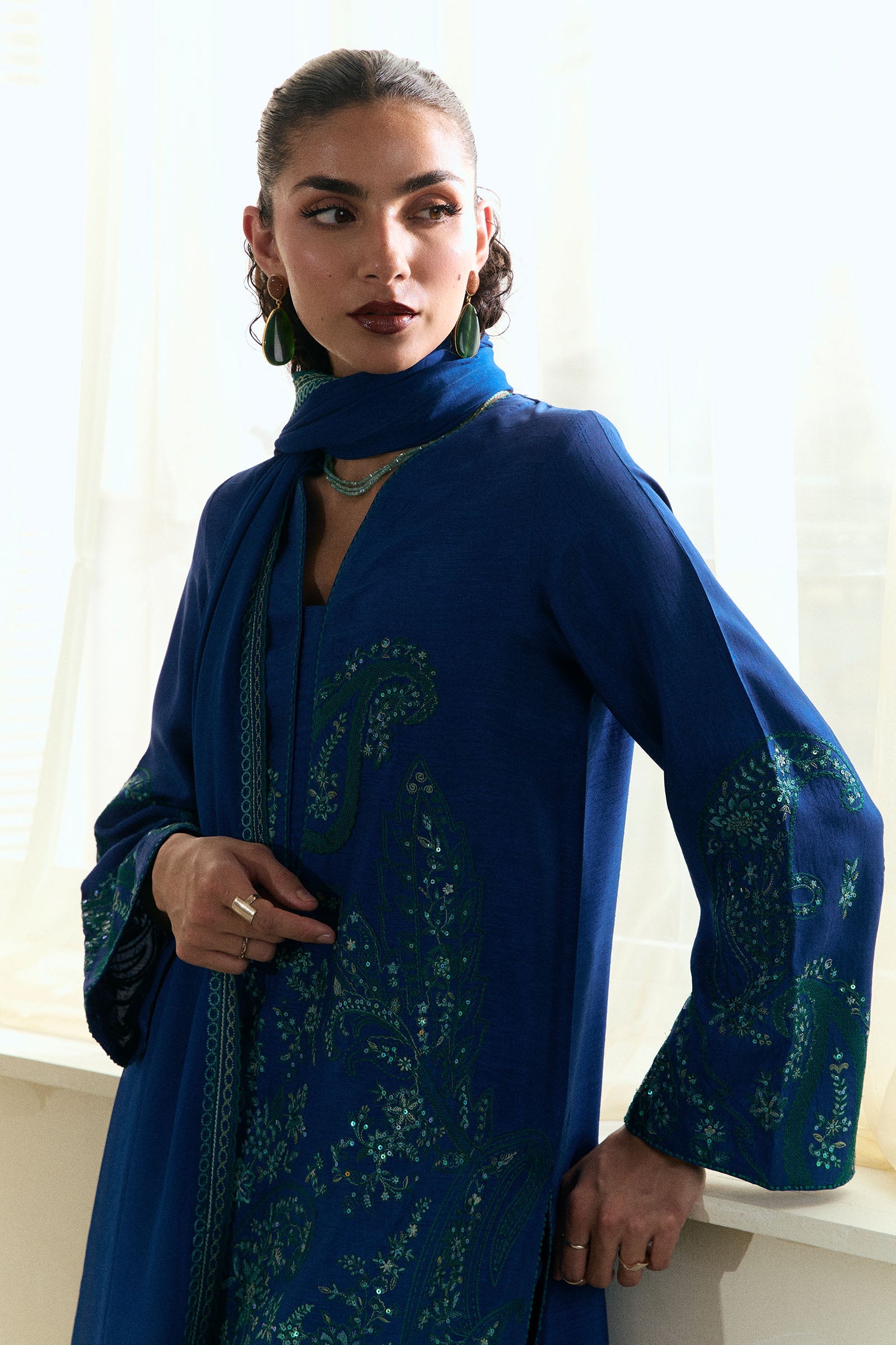 Cobalt Blue Embroidered Raw Silk Salwar Kameez (3-Piece) - Image 4