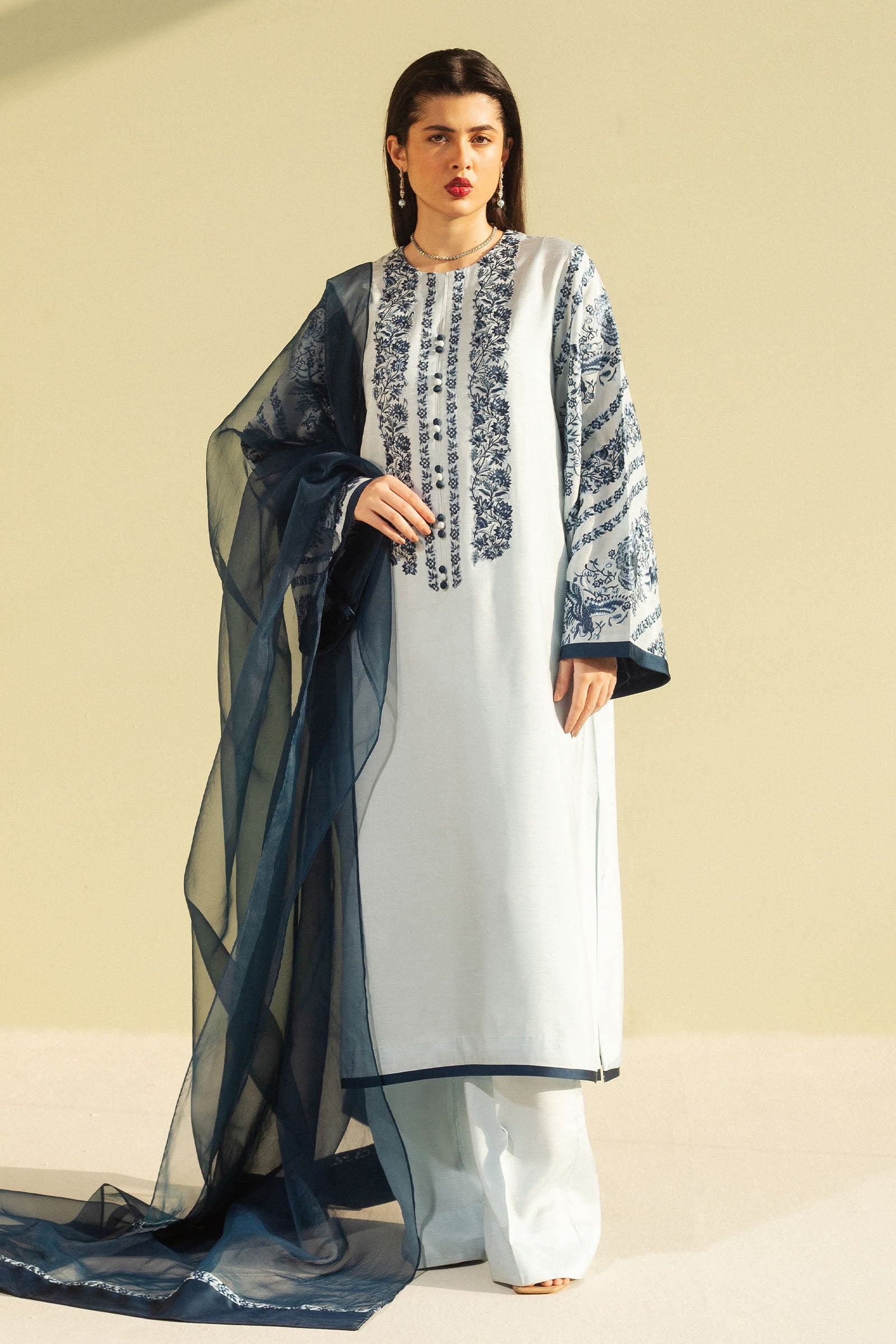Pakistani Light Blue Embroidered Raw Silk Salwar Kameez (3-Piece) - Image 1