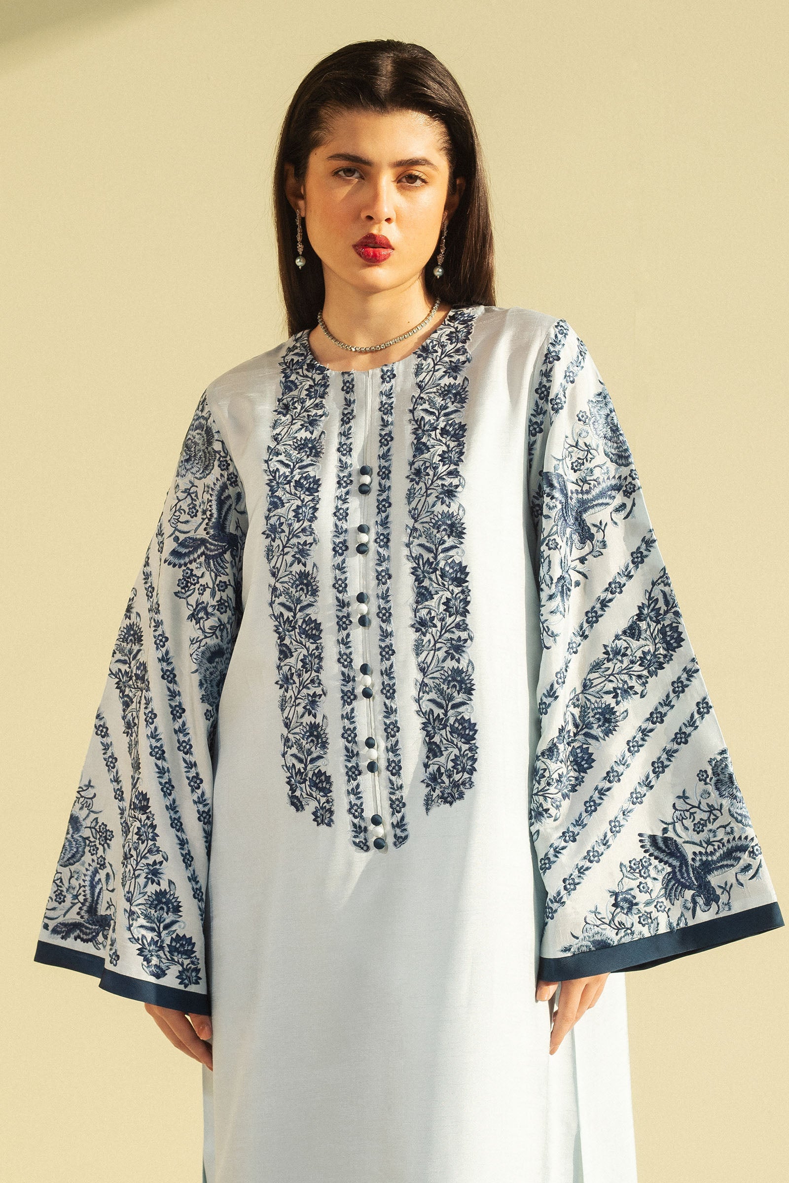 Pakistani Light Blue Embroidered Raw Silk Salwar Kameez (3-Piece) - Image 2