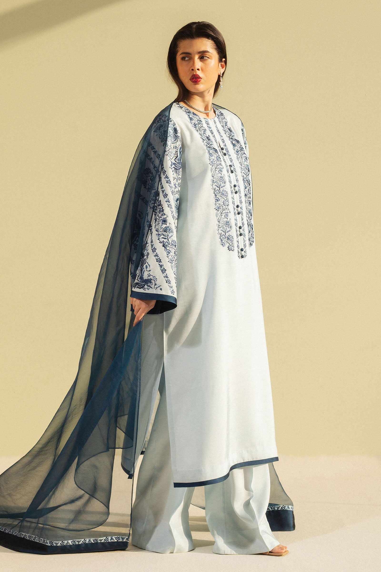 Pakistani Light Blue Embroidered Raw Silk Salwar Kameez (3-Piece) - Image 3