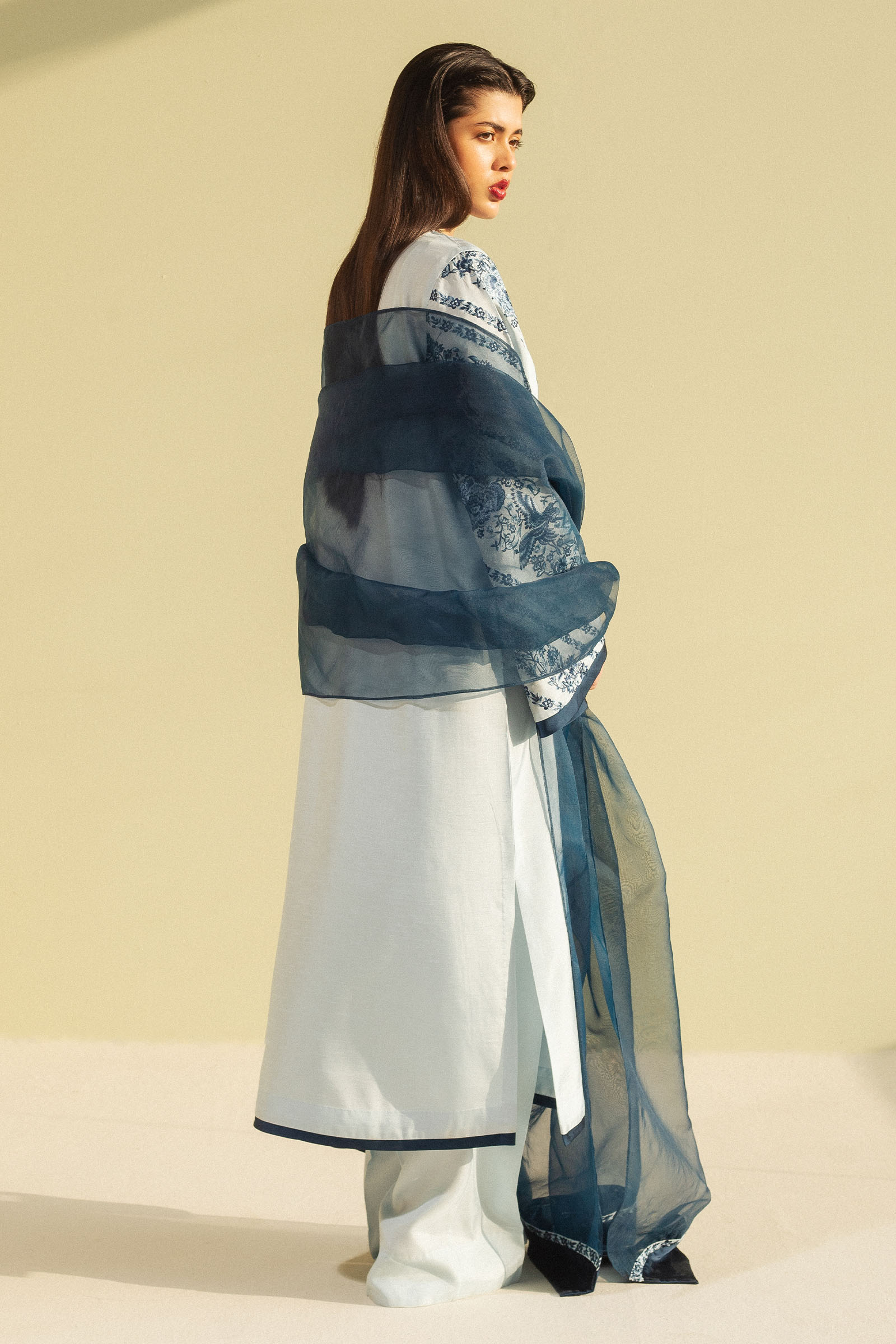 Pakistani Light Blue Embroidered Raw Silk Salwar Kameez (3-Piece) - Image 4