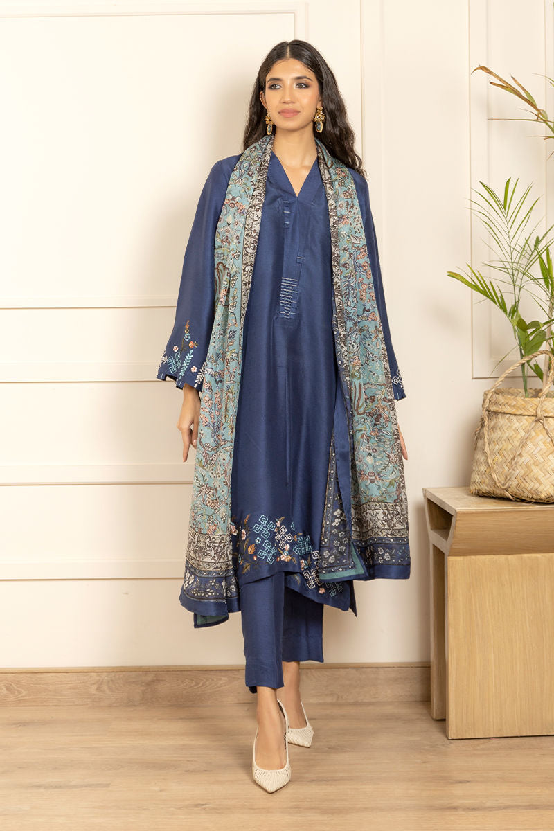 Pakistani Deep Blue Embroidered Pure Raw Silk Salwar Kameez (3-Piece) - Image 1