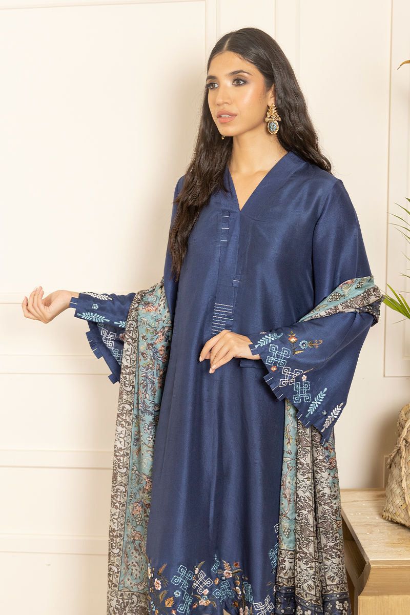 Pakistani Deep Blue Embroidered Pure Raw Silk Salwar Kameez (3-Piece) - Image 2