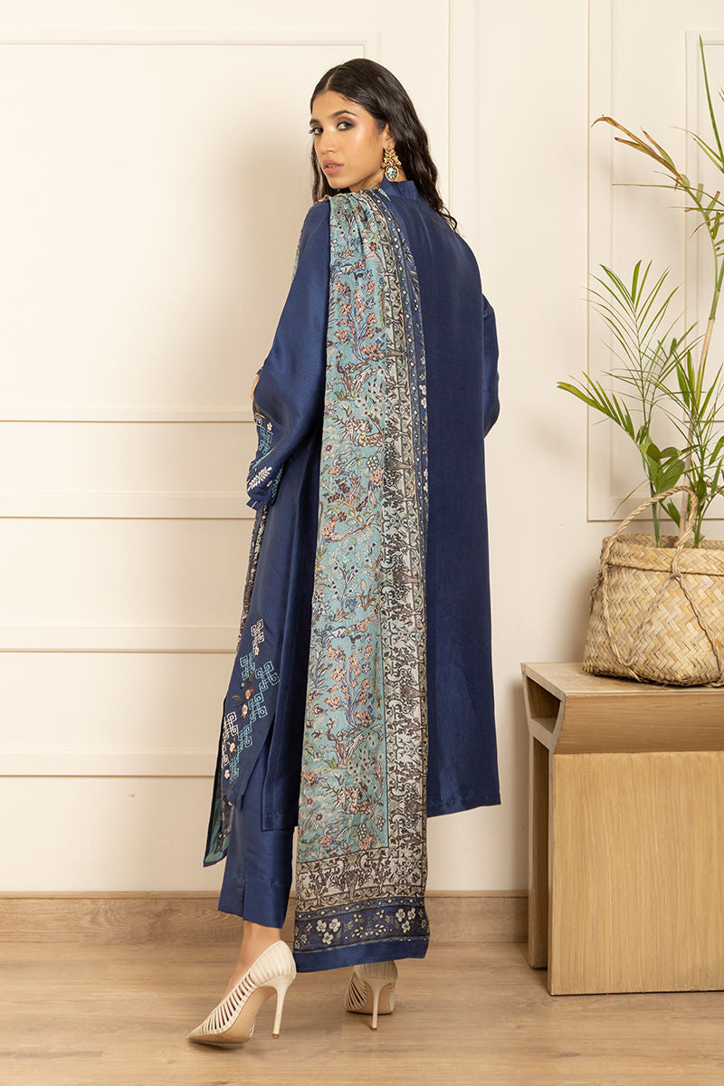 Pakistani Deep Blue Embroidered Pure Raw Silk Salwar Kameez (3-Piece) - Image 3