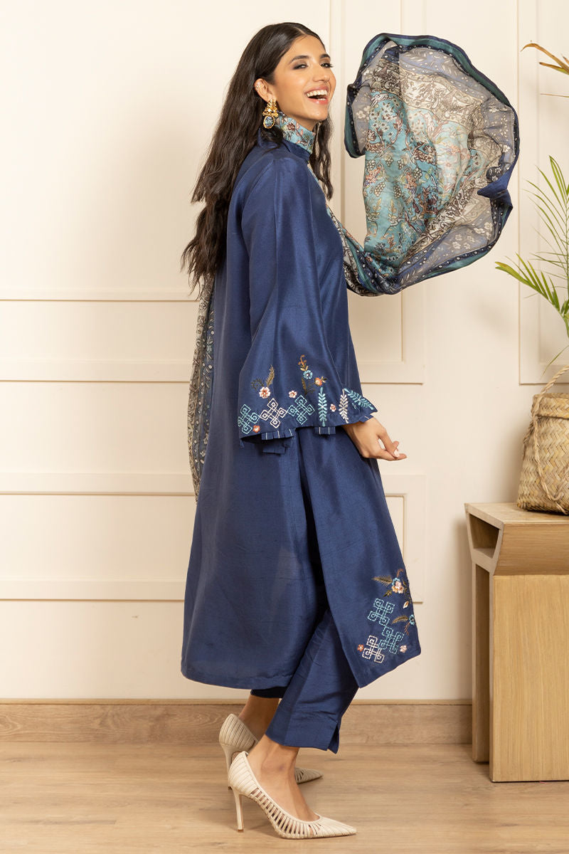 Pakistani Deep Blue Embroidered Pure Raw Silk Salwar Kameez (3-Piece) - Image 4