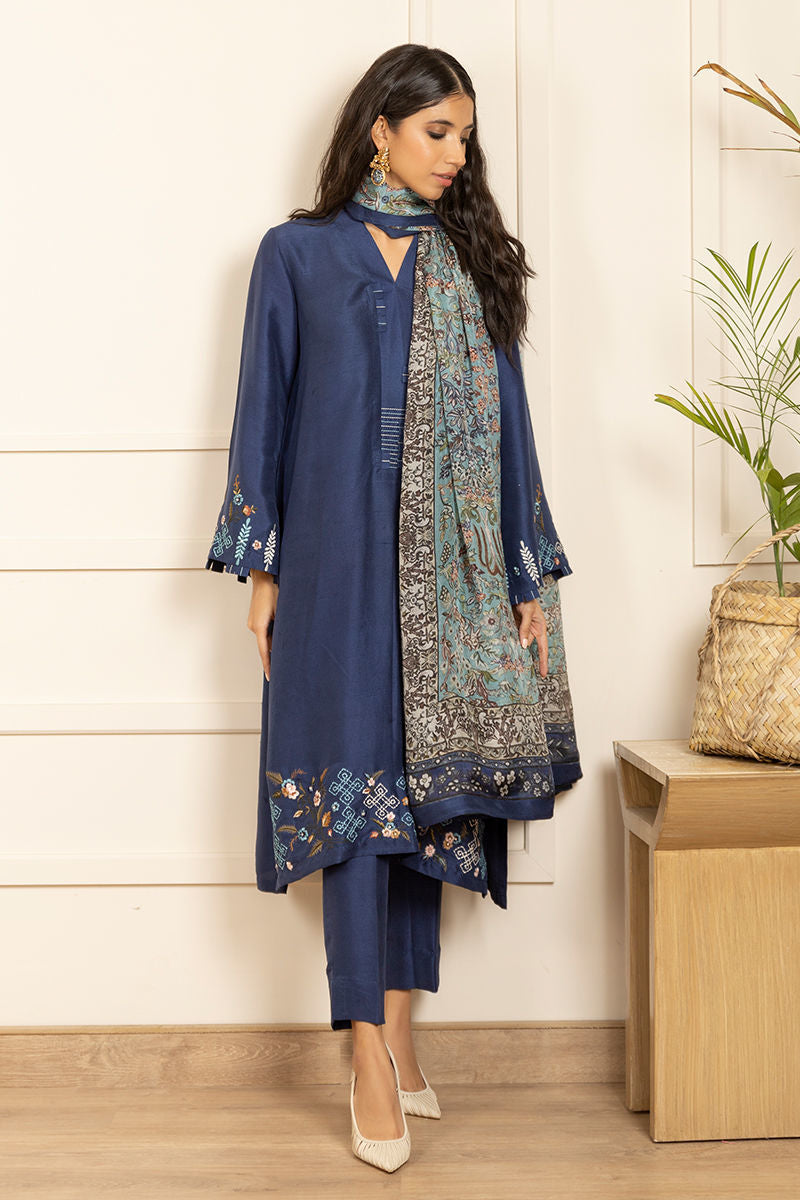 Pakistani Deep Blue Embroidered Pure Raw Silk Salwar Kameez (3-Piece) - Image 5
