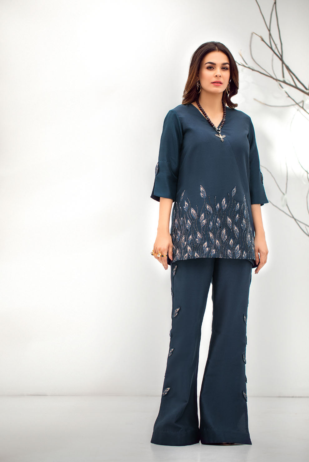 Pakistani Midnight Blue Embroidered Raw Silk Trouser Set (2-Piece) - Image 1