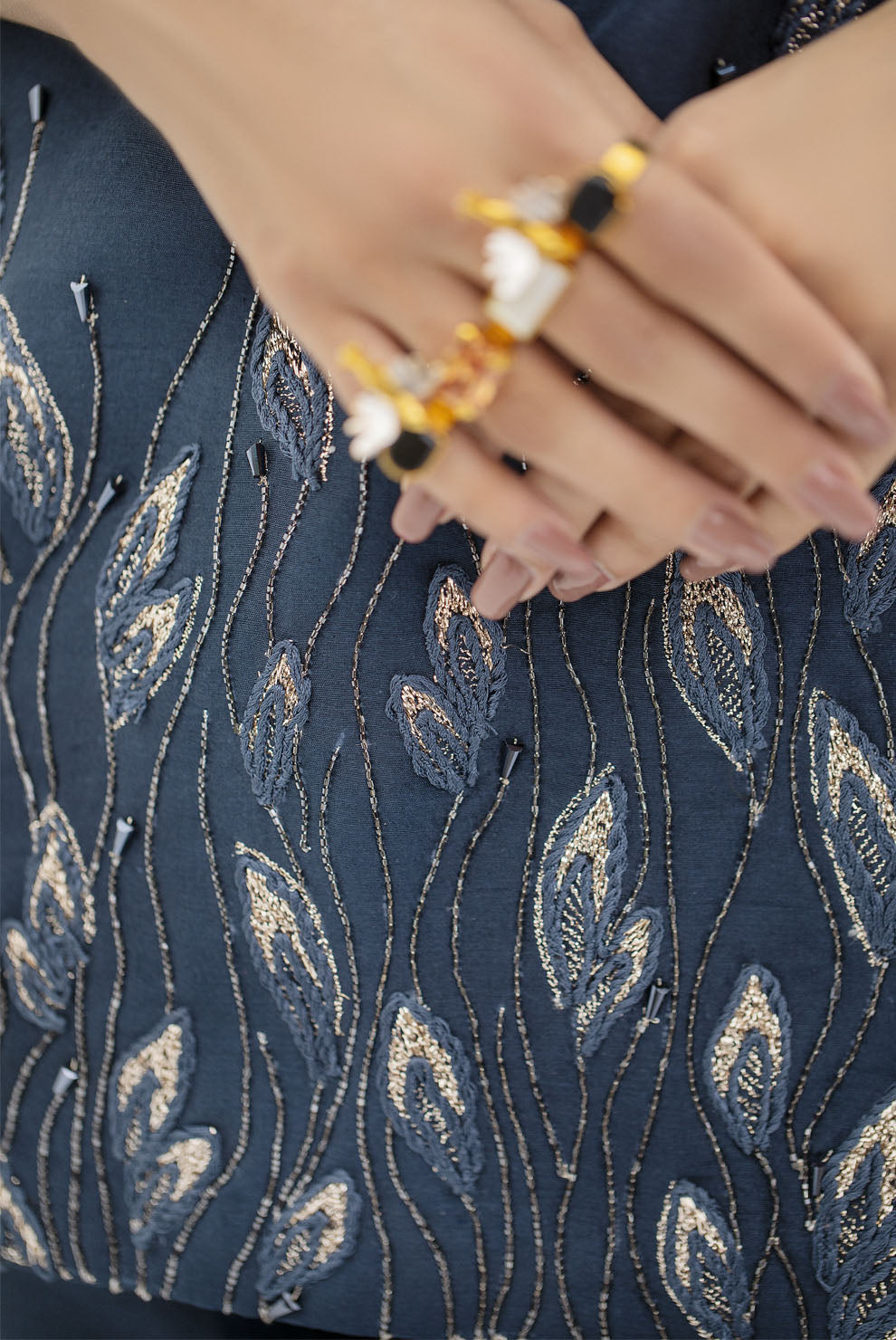 Pakistani Midnight Blue Embroidered Raw Silk Trouser Set (2-Piece) - Image 3