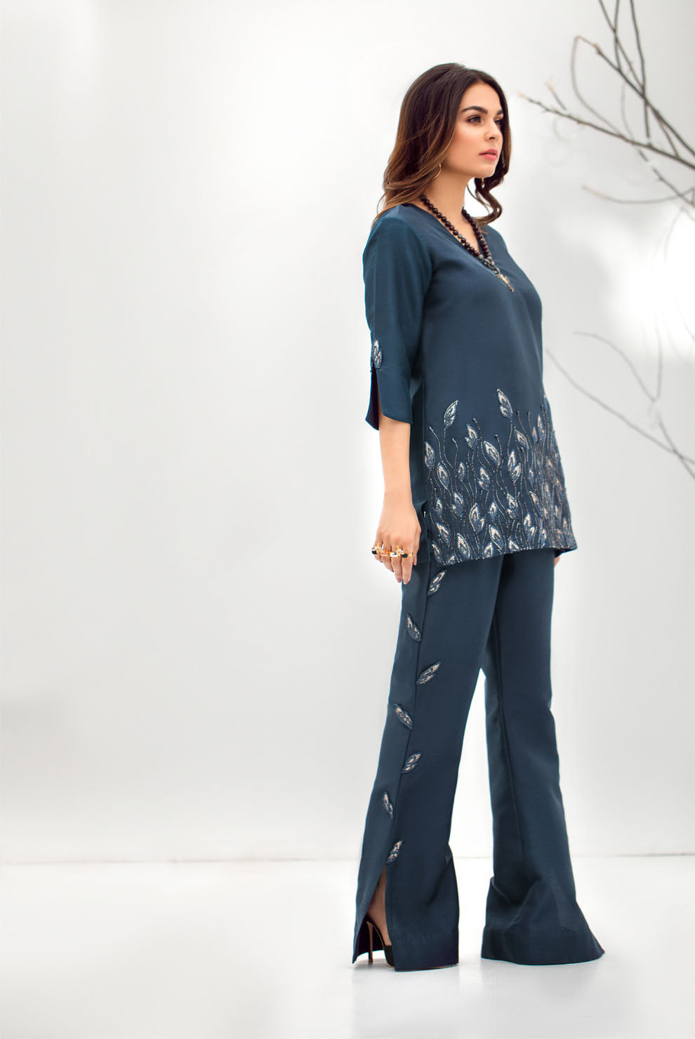 Pakistani Midnight Blue Embroidered Raw Silk Trouser Set (2-Piece) - Image 4