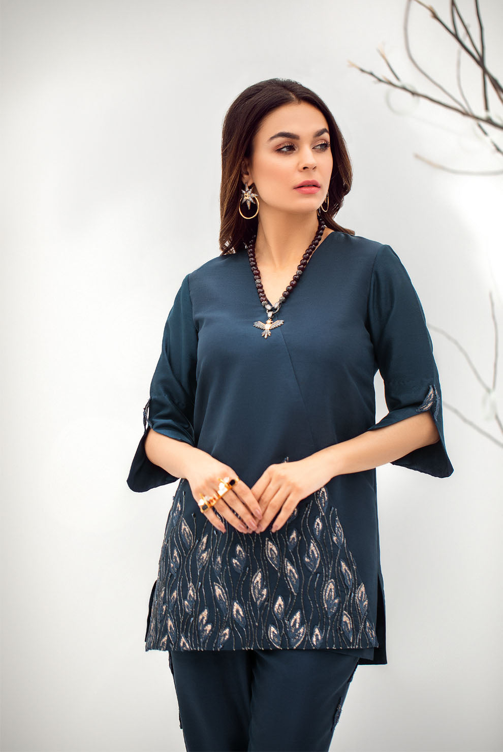 Pakistani Midnight Blue Embroidered Raw Silk Trouser Set (2-Piece) - Image 6