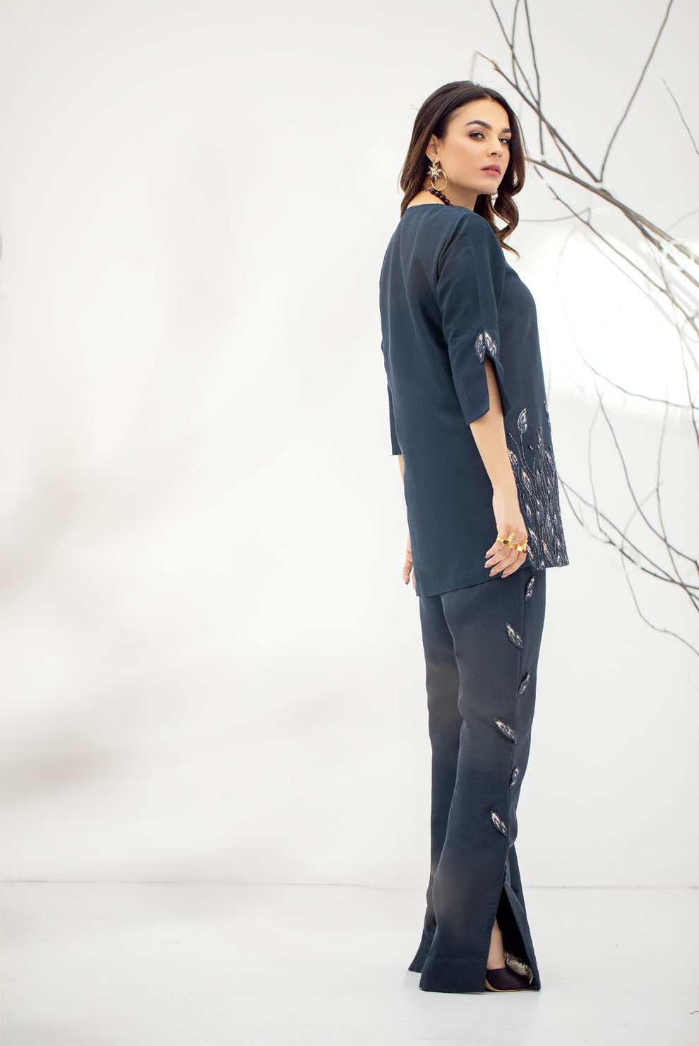 Pakistani Midnight Blue Embroidered Raw Silk Trouser Set (2-Piece) - Image 7