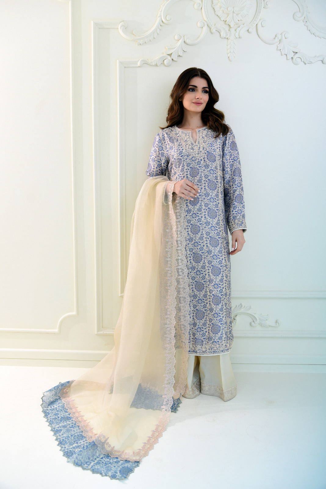 Powder Blue Embroidered Raw Silk Salwar Kameez (3-Piece) - Image 1