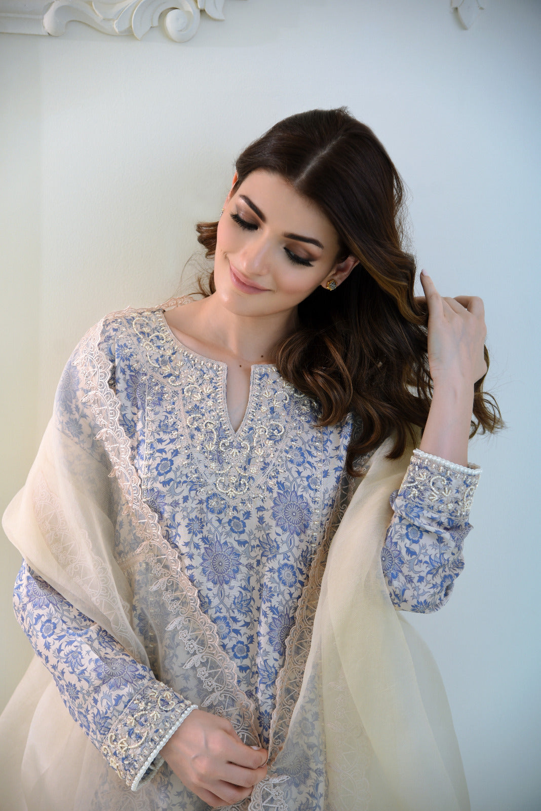 Powder Blue Embroidered Raw Silk Salwar Kameez (3-Piece) - Image 3