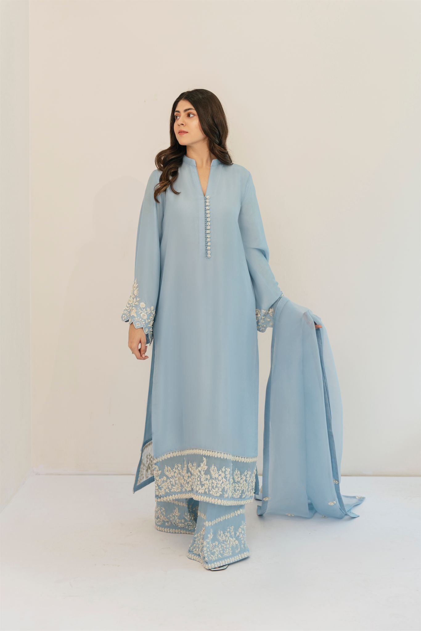 Pakistani Ice Blue Embroidered Raw Silk Salwar Kameez (3-Piece) - Image 1