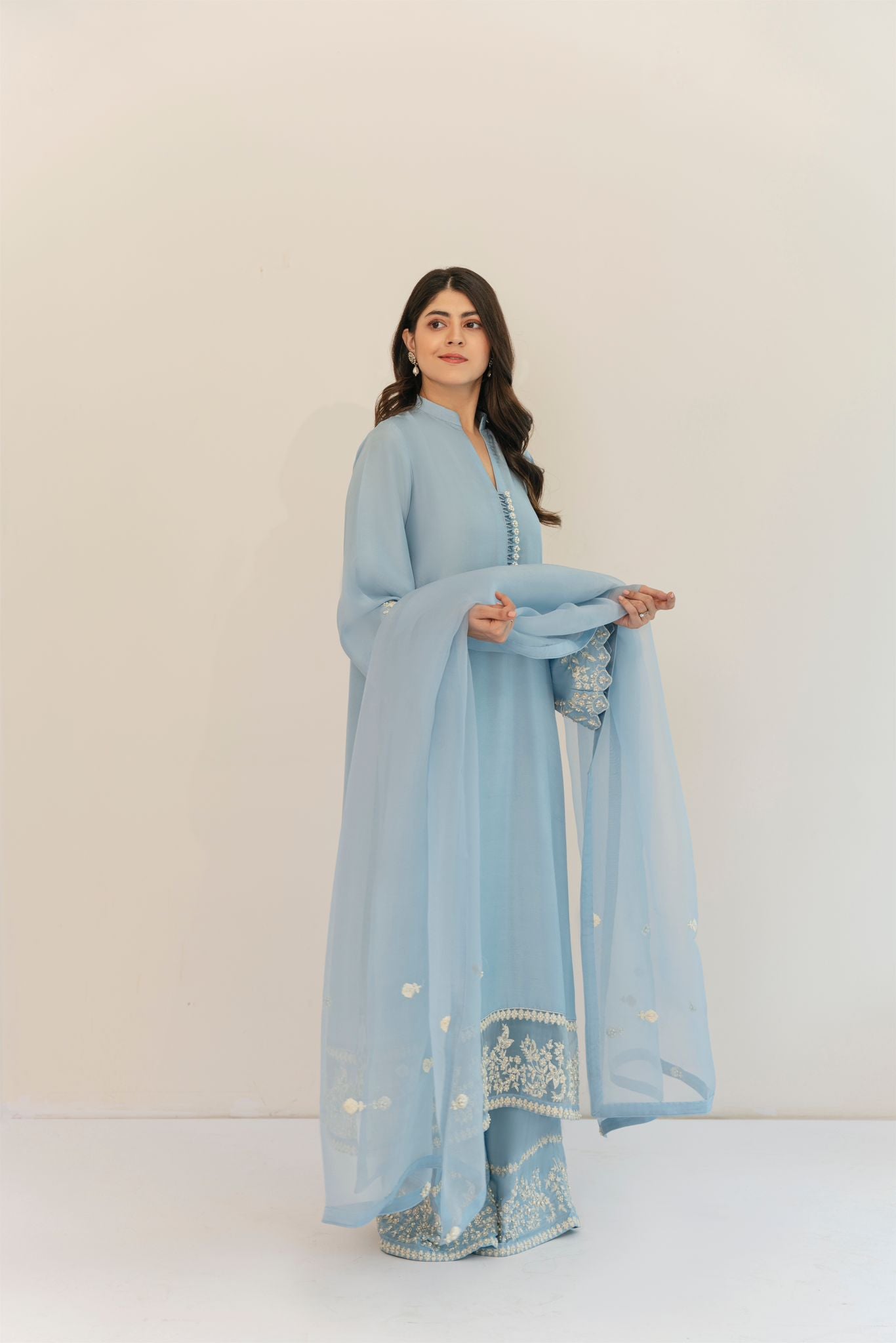 Pakistani Ice Blue Embroidered Raw Silk Salwar Kameez (3-Piece) - Image 2