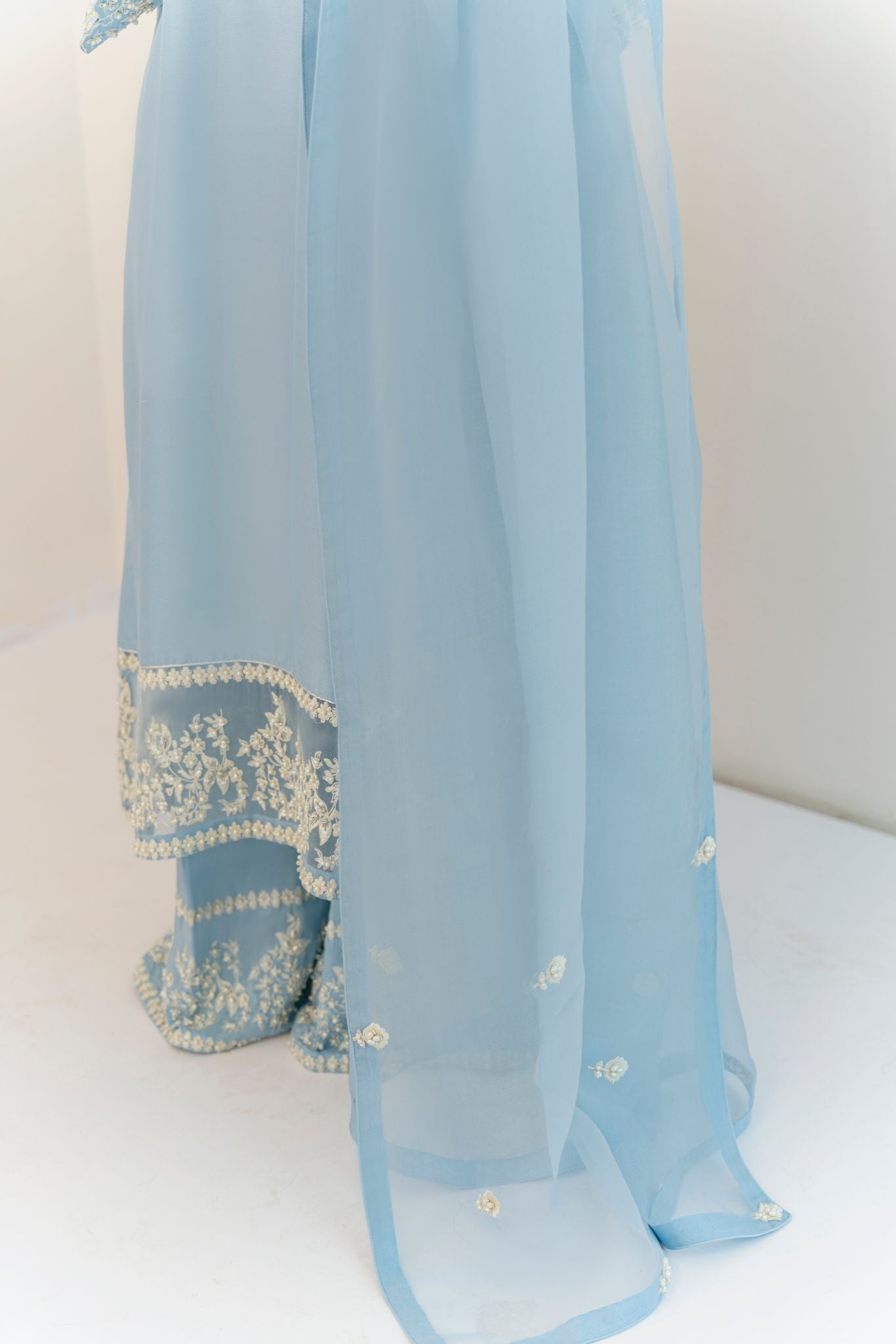 Pakistani Ice Blue Embroidered Raw Silk Salwar Kameez (3-Piece) - Image 3