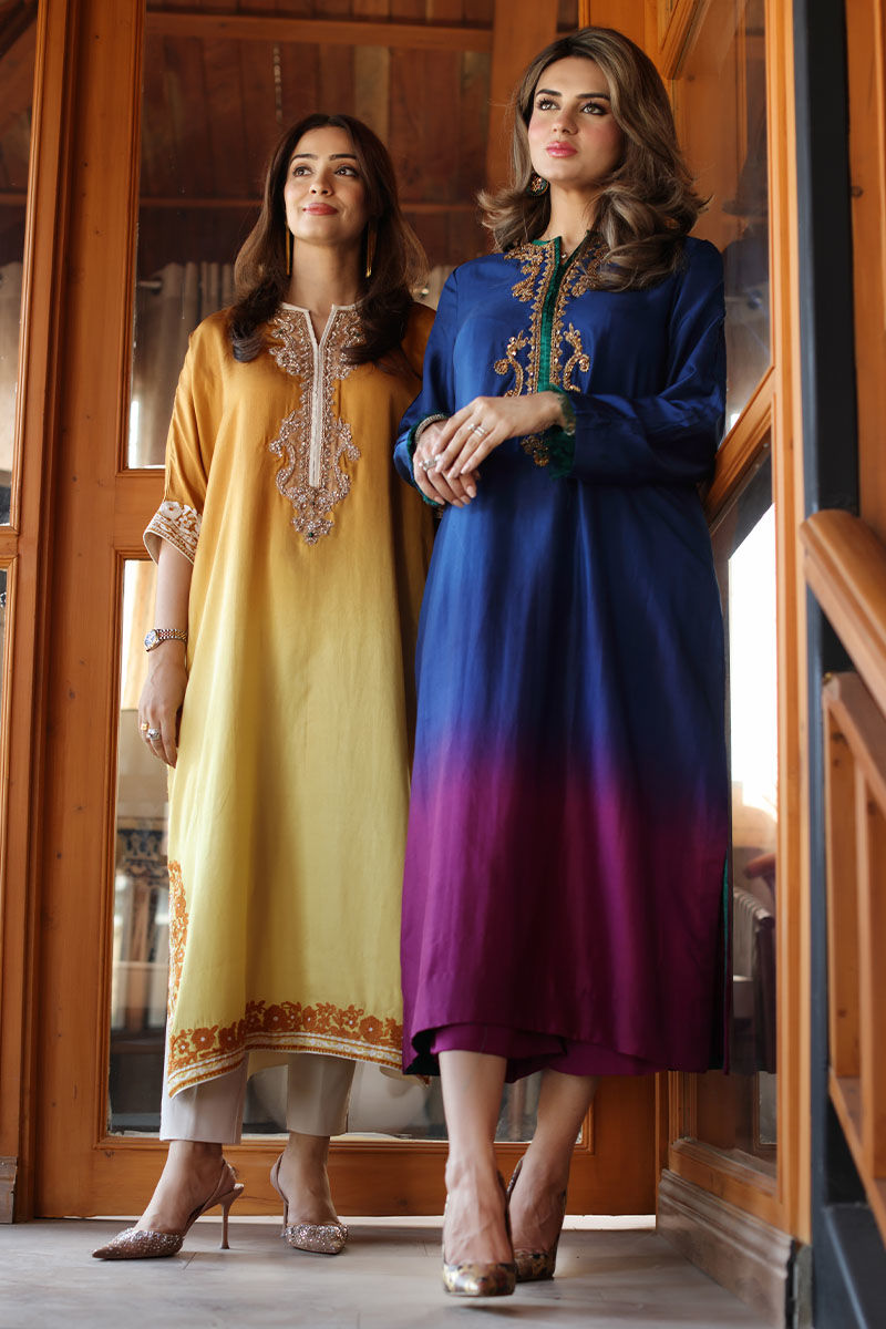 Pakistani Ombre Blue to Magenta Handworked Raw Silk Kurta (2-Piece) - Image 1