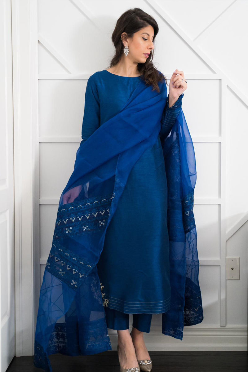 Pakistani Dark Blue Embroidered Korean Raw Silk Salwar Kameez (3-Piece) - Image 1