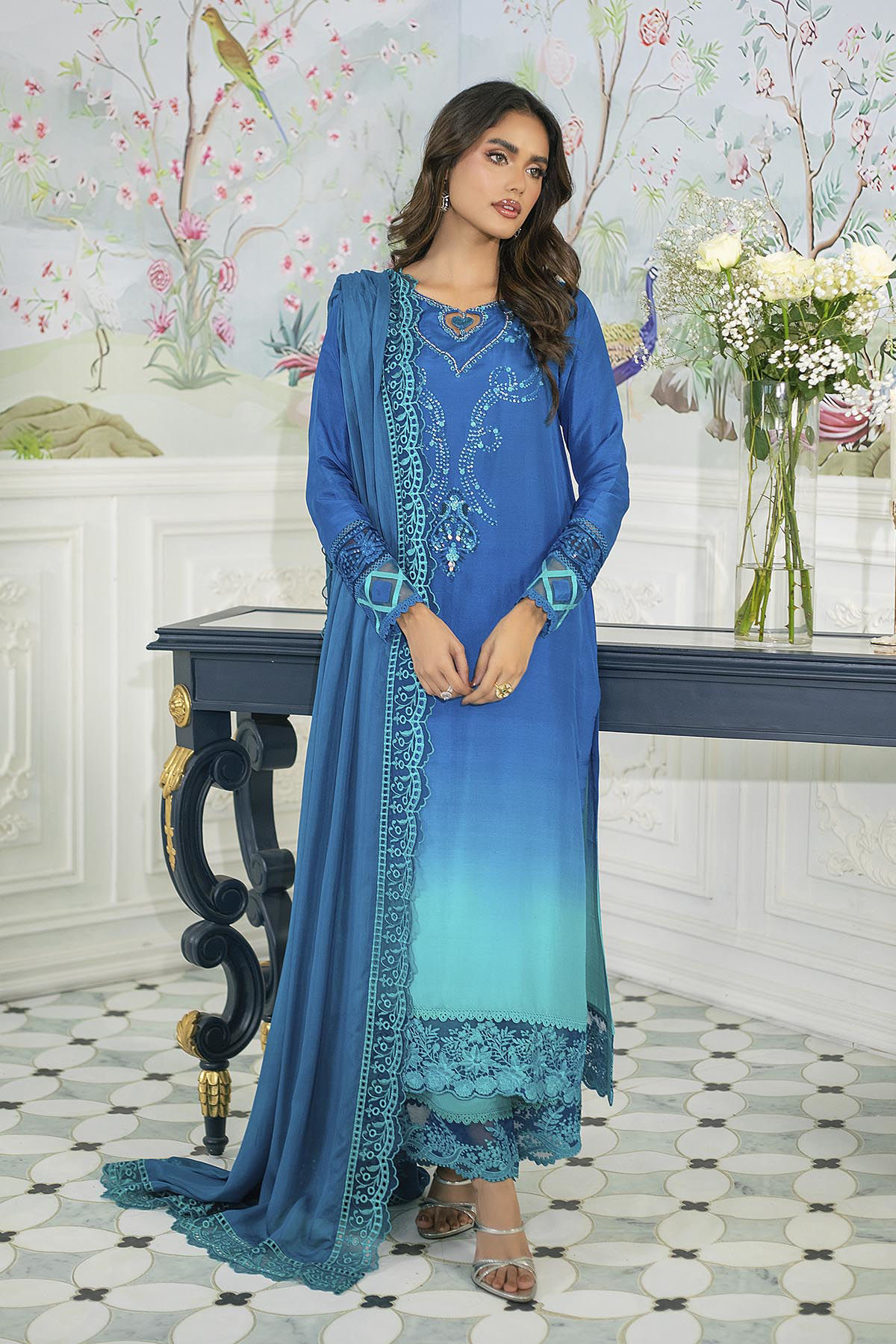 Peacock Blue Embroidered Raw Silk Salwar Kameez (3-Piece) - Image 1