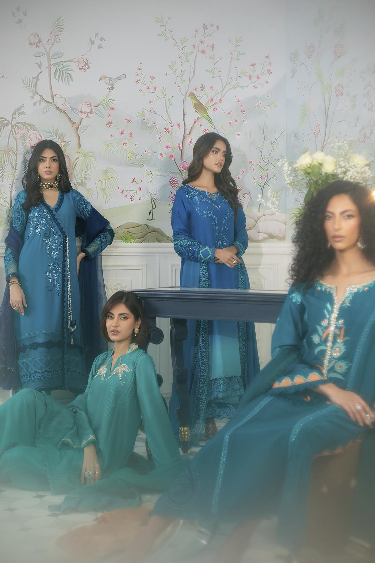 Peacock Blue Embroidered Raw Silk Salwar Kameez (3-Piece) - Image 10