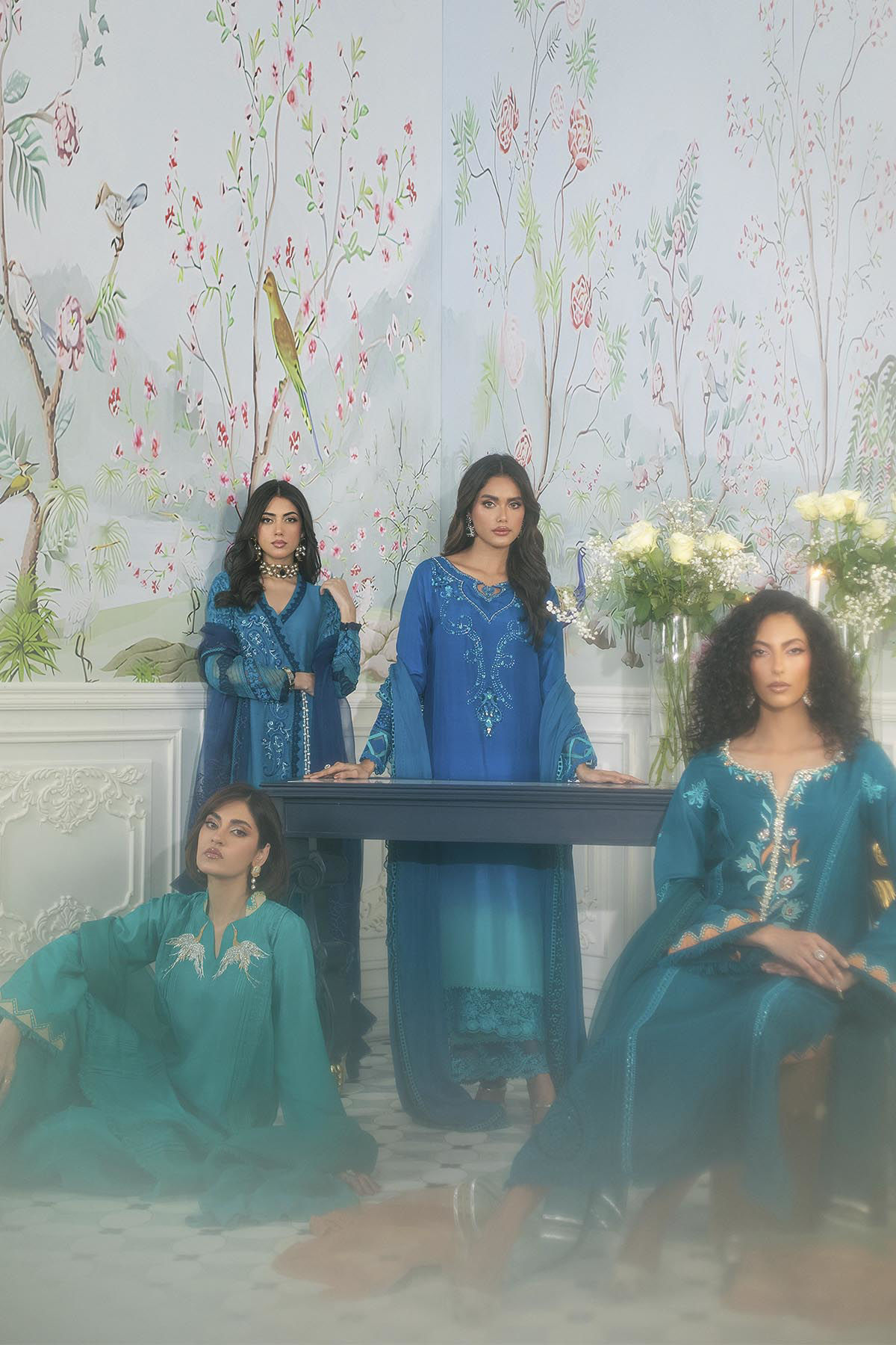 Peacock Blue Embroidered Raw Silk Salwar Kameez (3-Piece) - Image 12