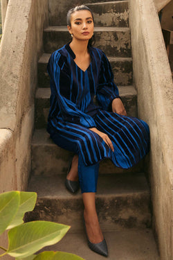 Pakistani Sapphire Blue Velvet Appliqué Raw Silk Salwar Kameez (2-Piece) - Image 1