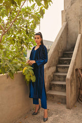 Pakistani Sapphire Blue Velvet Appliqué Raw Silk Salwar Kameez (2-Piece) - Image 3