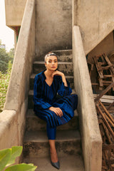 Pakistani Sapphire Blue Velvet Appliqué Raw Silk Salwar Kameez (2-Piece) - Image 4