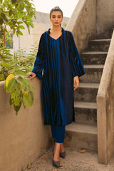 Pakistani Sapphire Blue Velvet Appliqué Raw Silk Salwar Kameez (2-Piece) - Image 5