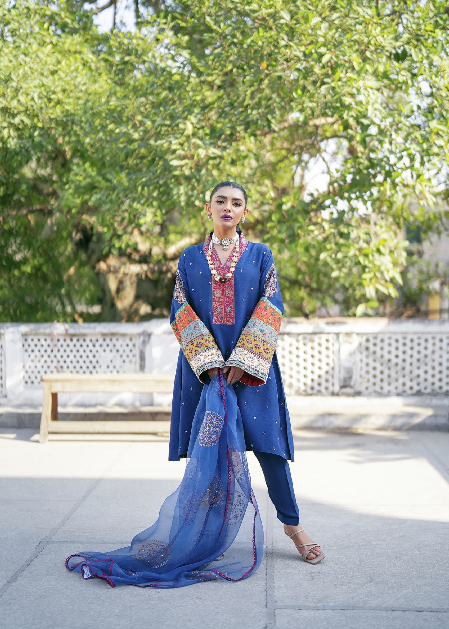 Pakistani Royal Blue Zardozi Raw Silk Kurta Set (3-Piece) - Image 1