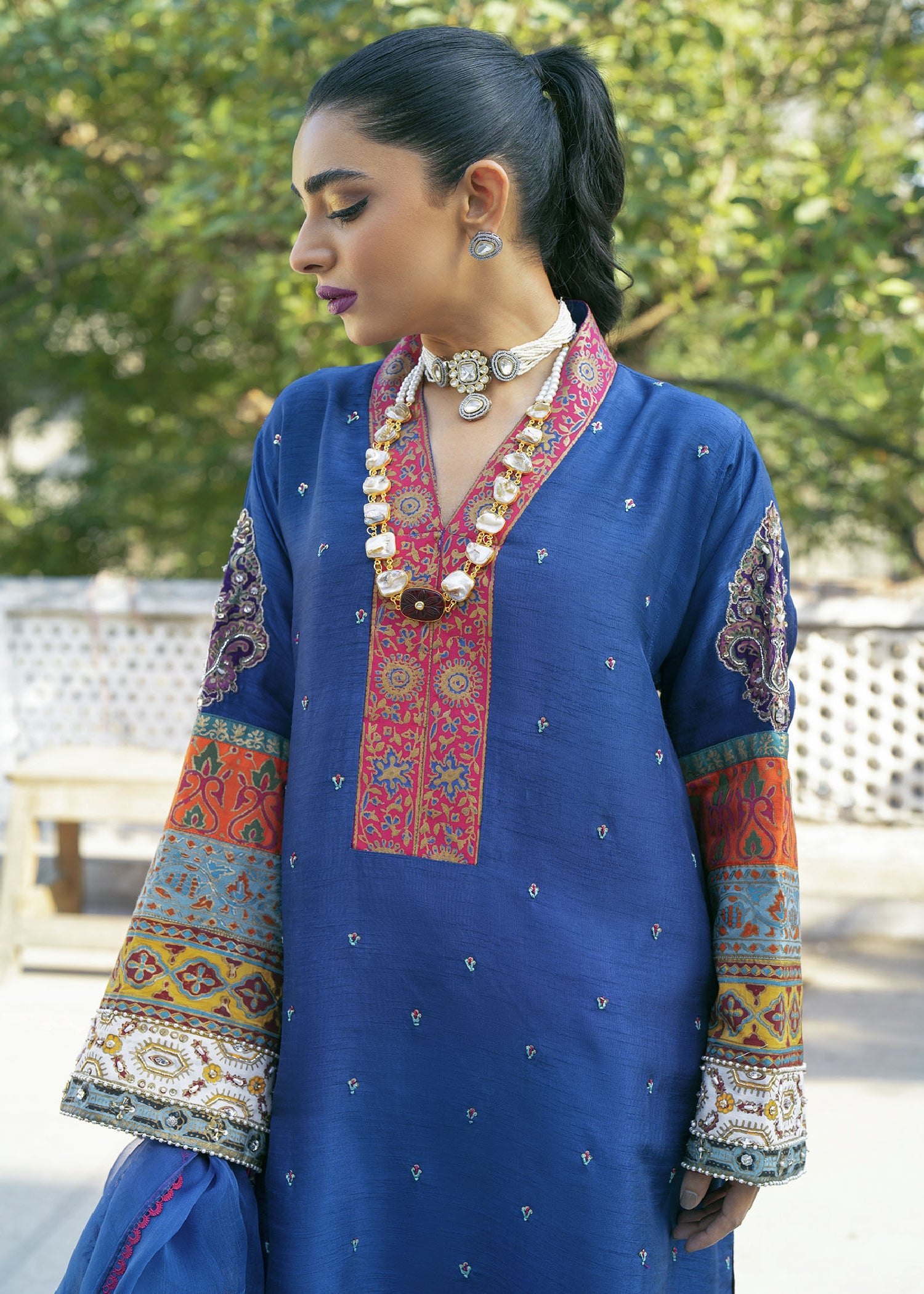 Pakistani Royal Blue Zardozi Raw Silk Kurta Set (3-Piece) - Image 3