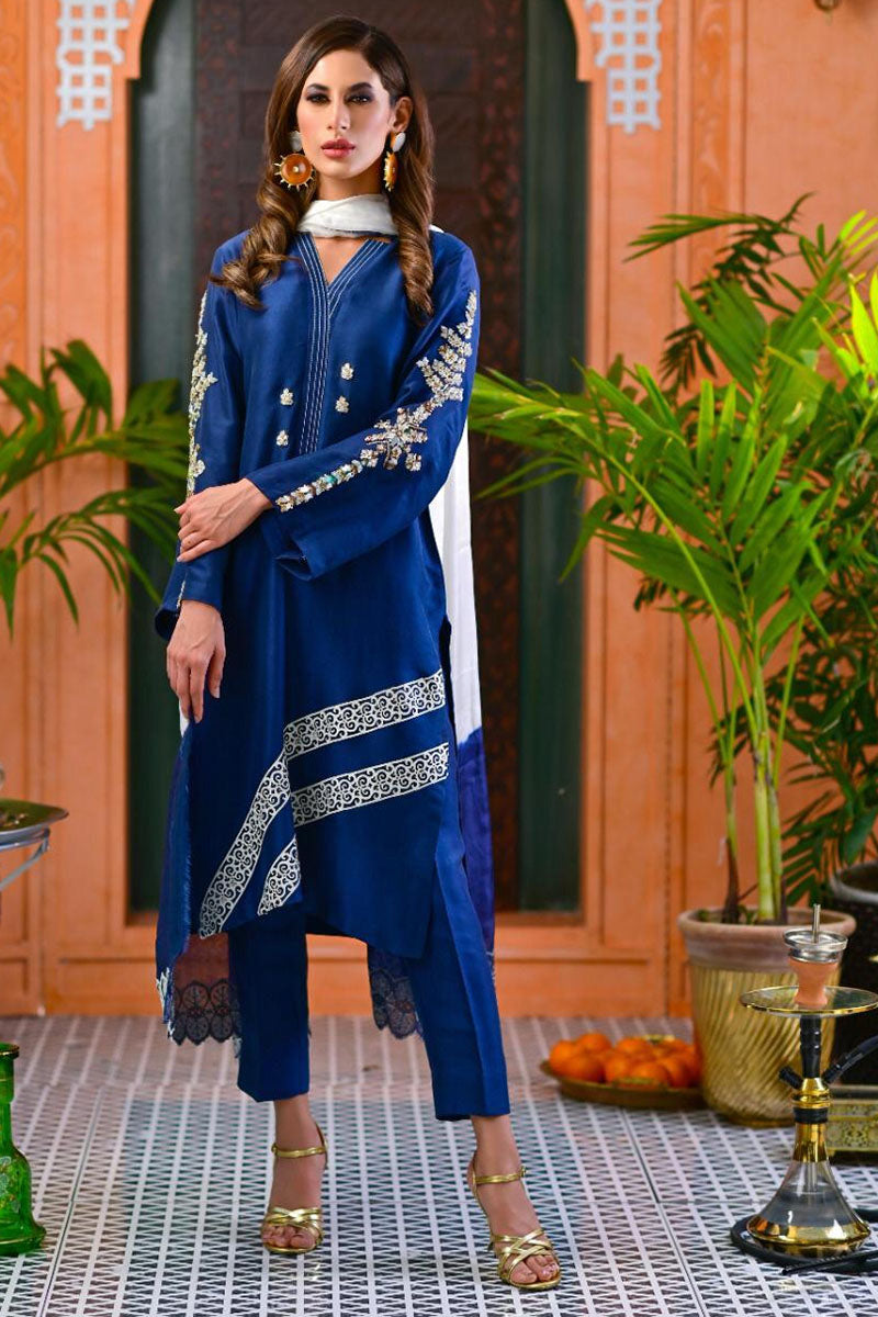 Deep Blue Zardozi Raw Silk Salwar Kameez (2-Piece) - Image 1