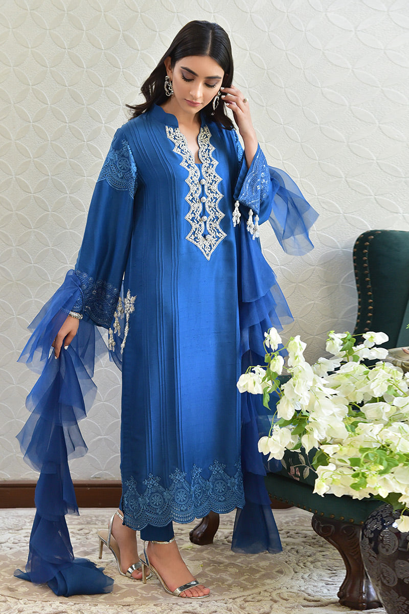 Pakistani Electric Blue Zardozi Pure Raw Silk Salwar Kameez (3-Piece) - Image 1