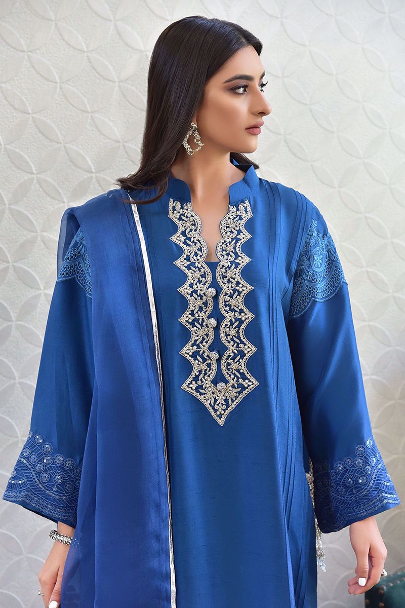 Pakistani Electric Blue Zardozi Pure Raw Silk Salwar Kameez (3-Piece) - Image 10