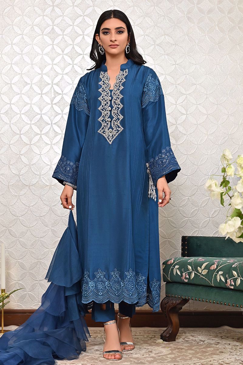 Pakistani Electric Blue Zardozi Pure Raw Silk Salwar Kameez (3-Piece) - Image 11