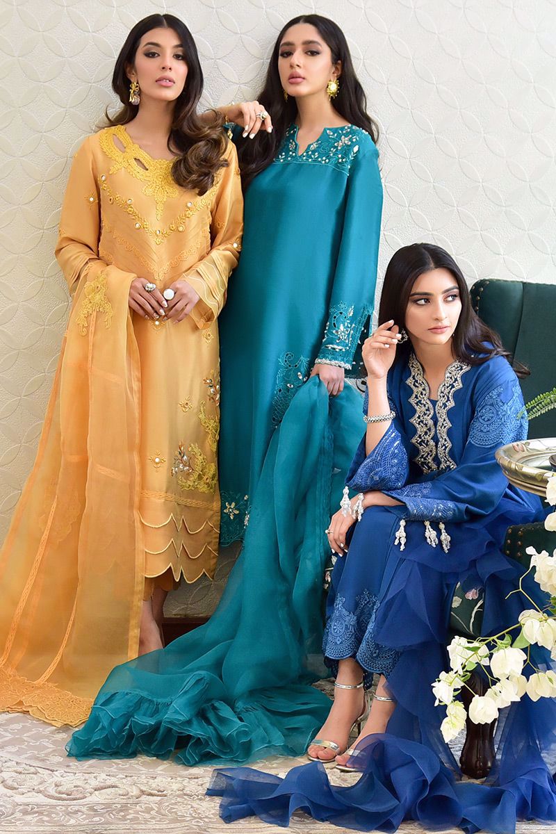 Pakistani Electric Blue Zardozi Pure Raw Silk Salwar Kameez (3-Piece) - Image 13