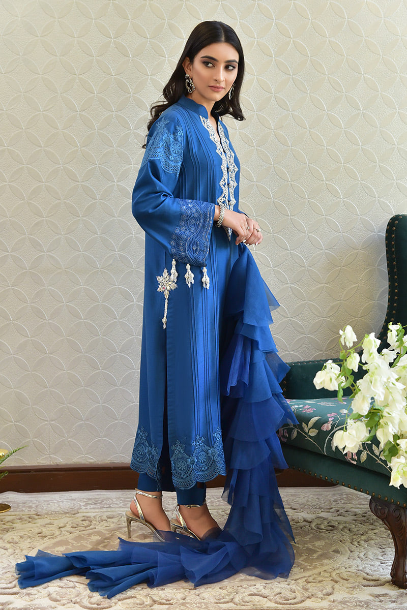 Pakistani Electric Blue Zardozi Pure Raw Silk Salwar Kameez (3-Piece) - Image 3