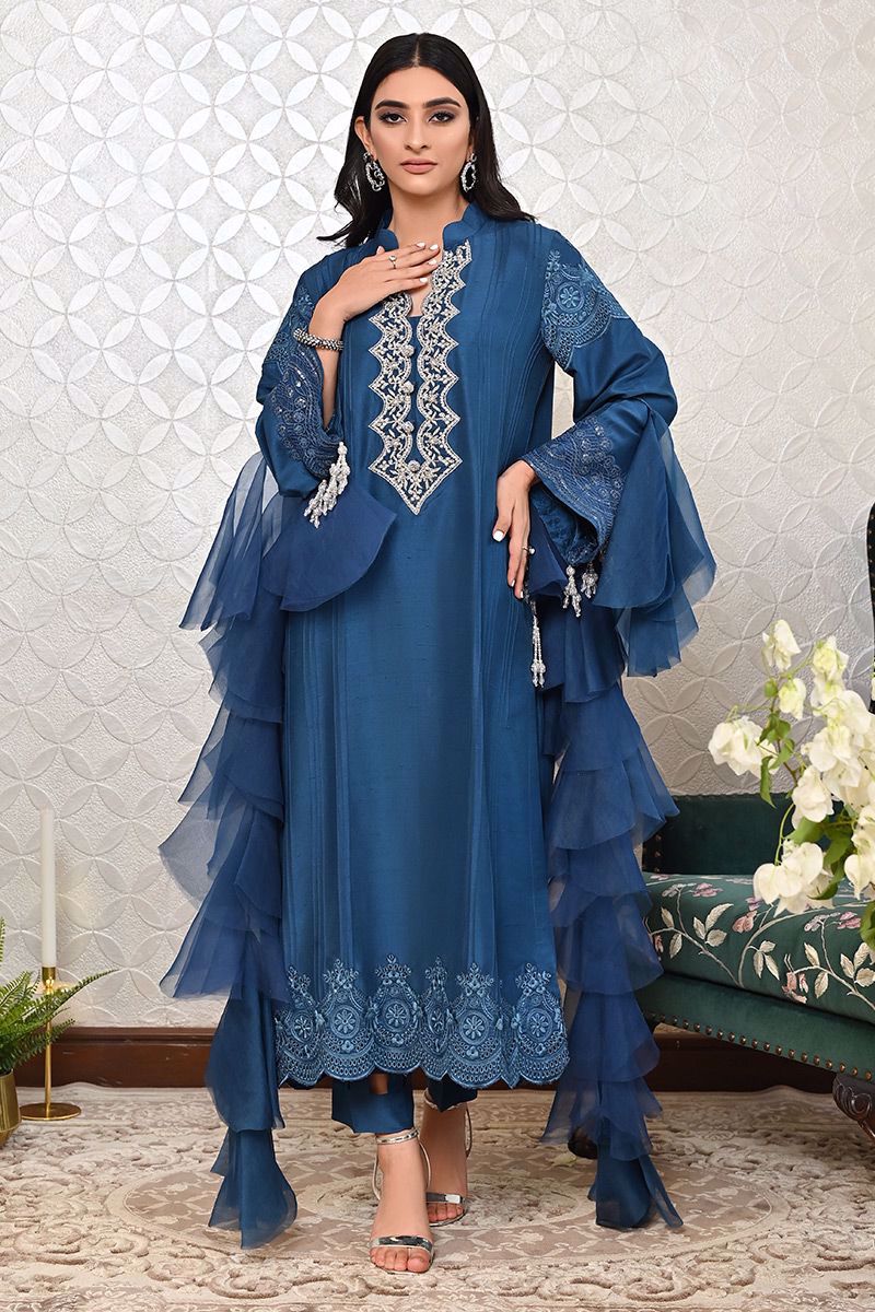 Pakistani Electric Blue Zardozi Pure Raw Silk Salwar Kameez (3-Piece) - Image 7
