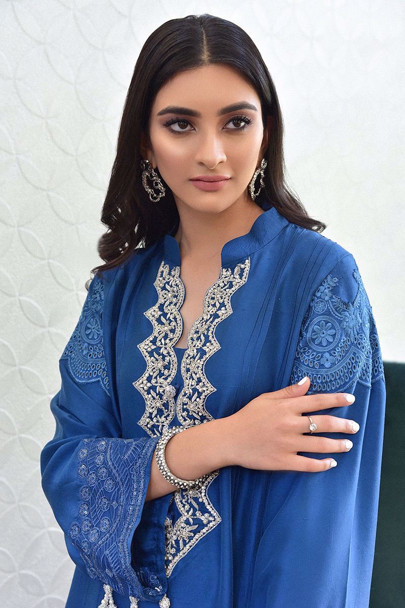 Pakistani Electric Blue Zardozi Pure Raw Silk Salwar Kameez (3-Piece) - Image 8