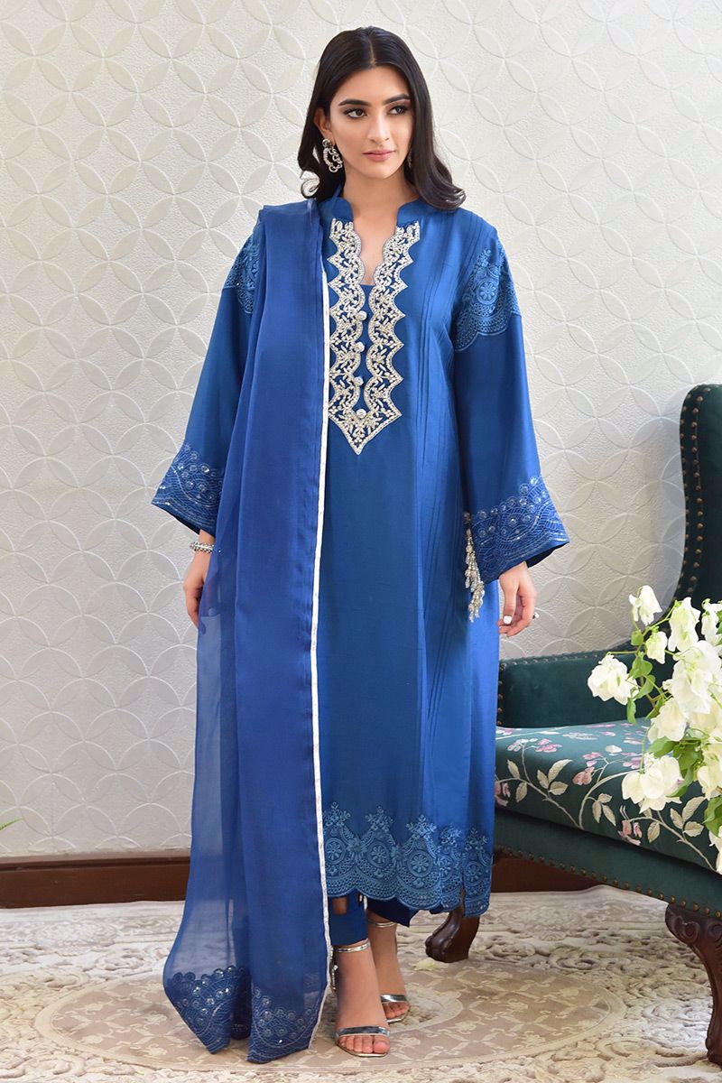 Pakistani Electric Blue Zardozi Pure Raw Silk Salwar Kameez (3-Piece) - Image 9