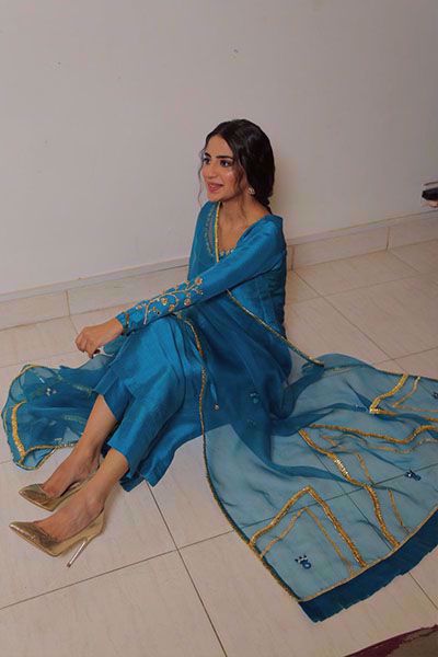 Pakistani Turquoise Zardozi Raw Silk Salwar Kameez (3-Piece) - Image 1