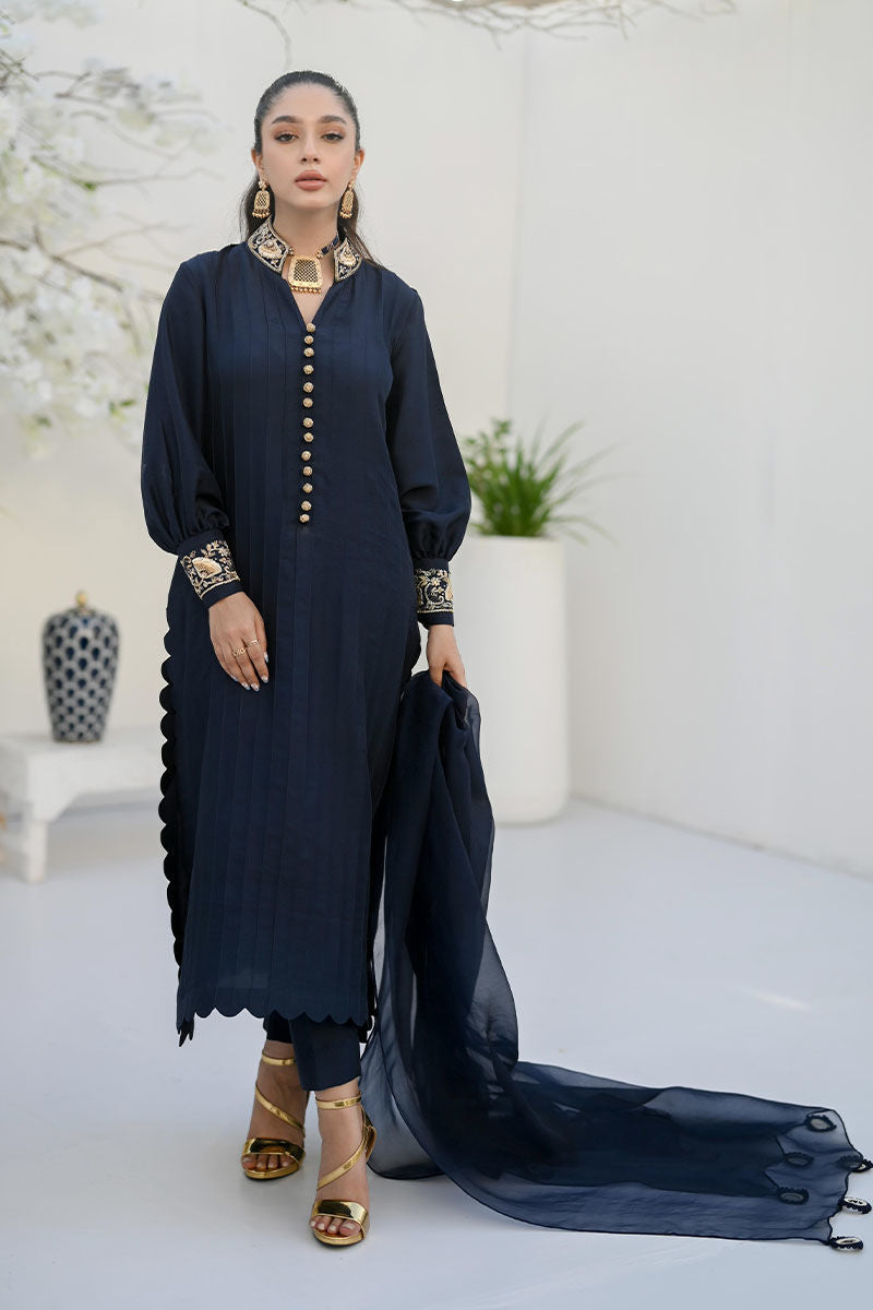 Midnight Blue Zardozi Raw Silk Kurta (3-Piece) - Image 1