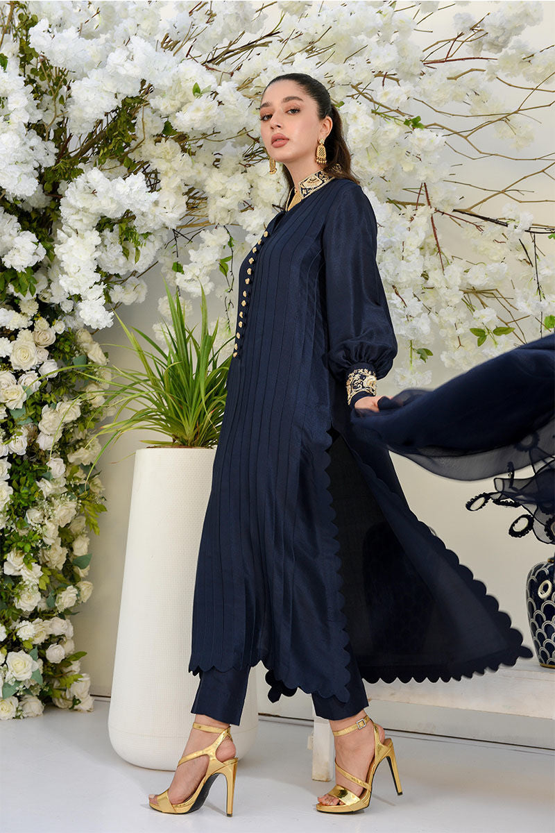 Midnight Blue Zardozi Raw Silk Kurta (3-Piece) - Image 7