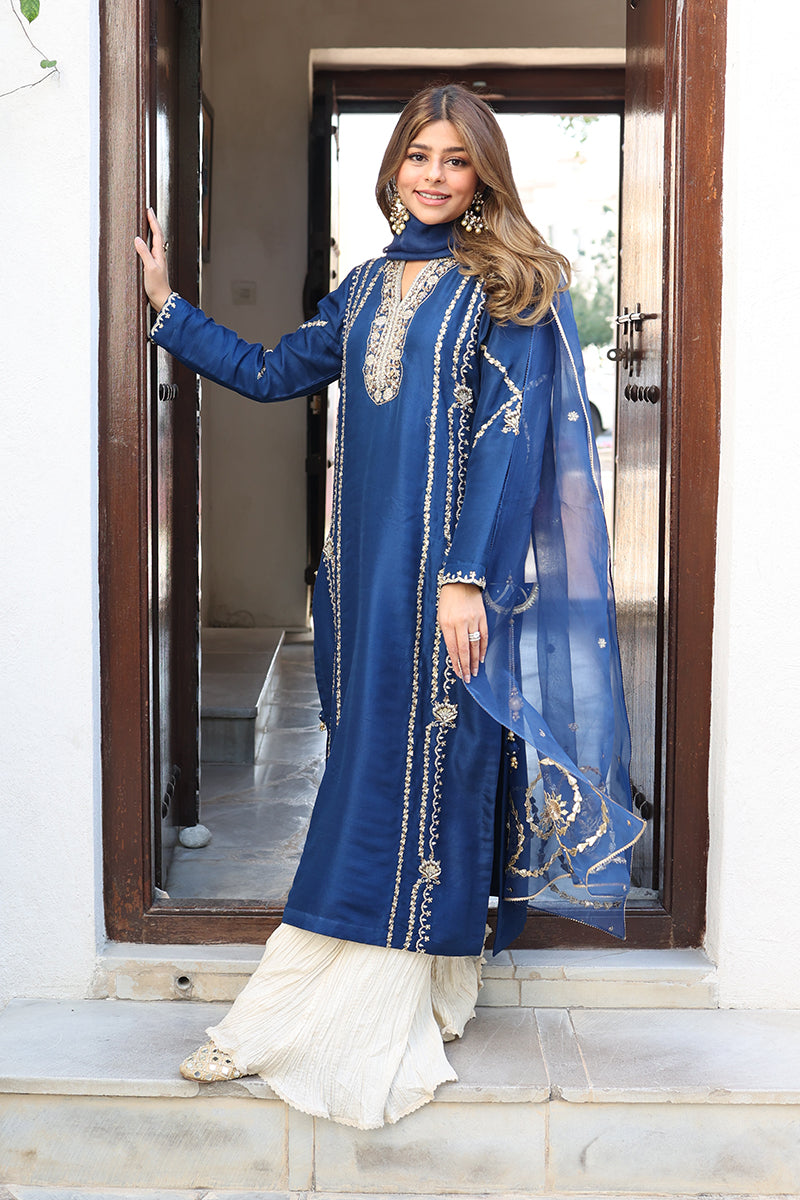 Deep Blue Zardozi Raw Silk Salwar Kameez (3-Piece) - Image 1