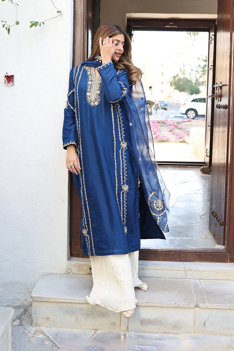 Deep Blue Zardozi Raw Silk Salwar Kameez (3-Piece) - Image 2