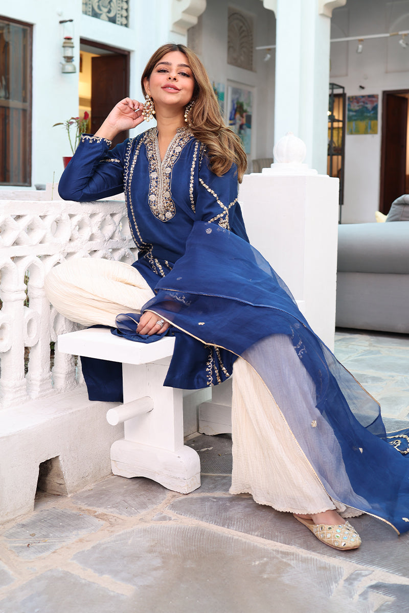 Deep Blue Zardozi Raw Silk Salwar Kameez (3-Piece) - Image 3