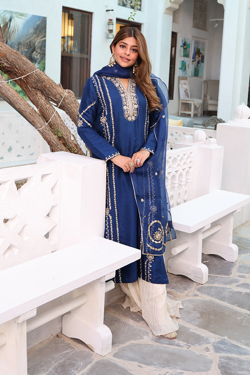 Deep Blue Zardozi Raw Silk Salwar Kameez (3-Piece) - Image 5