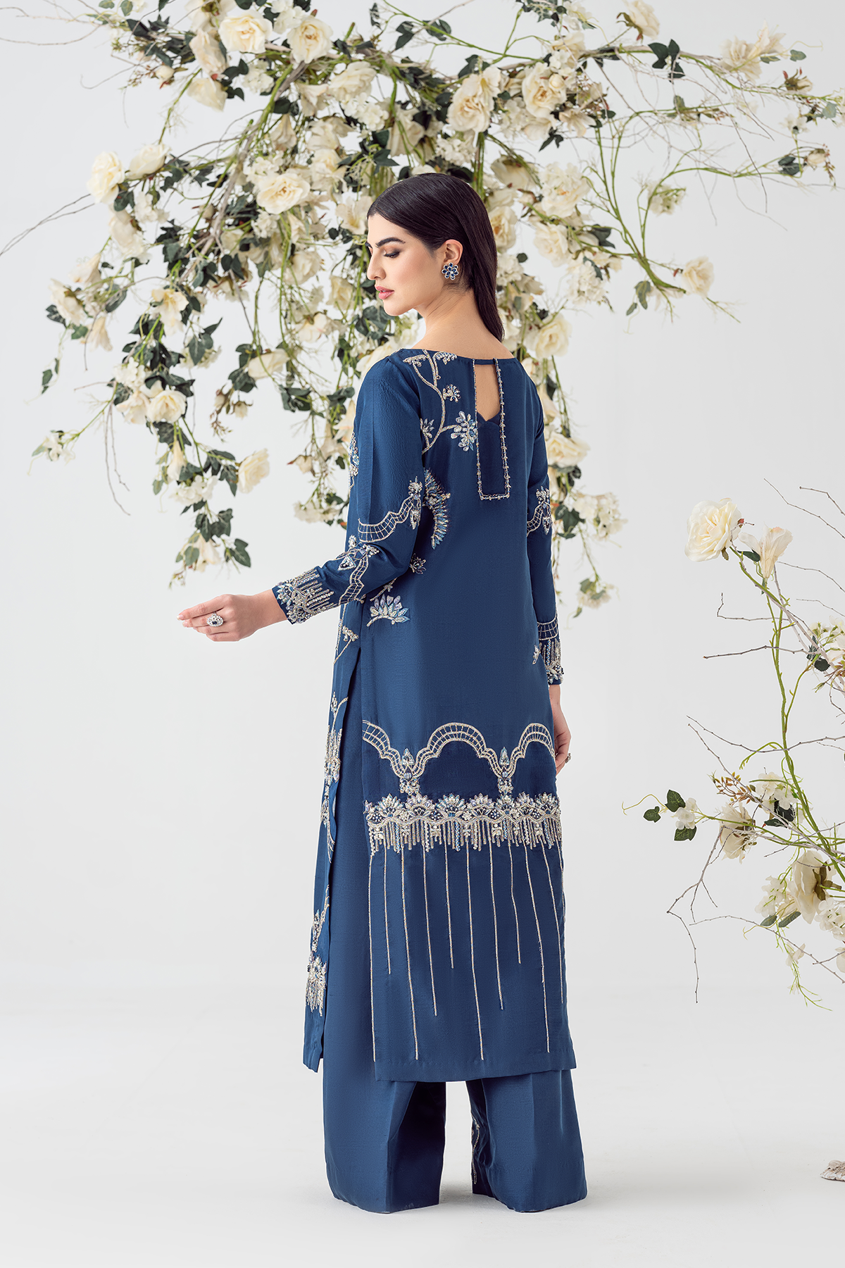 Pakistani Royal Blue Embroidered Raw Silk Salwar Kameez (2-Piece) - Image 2