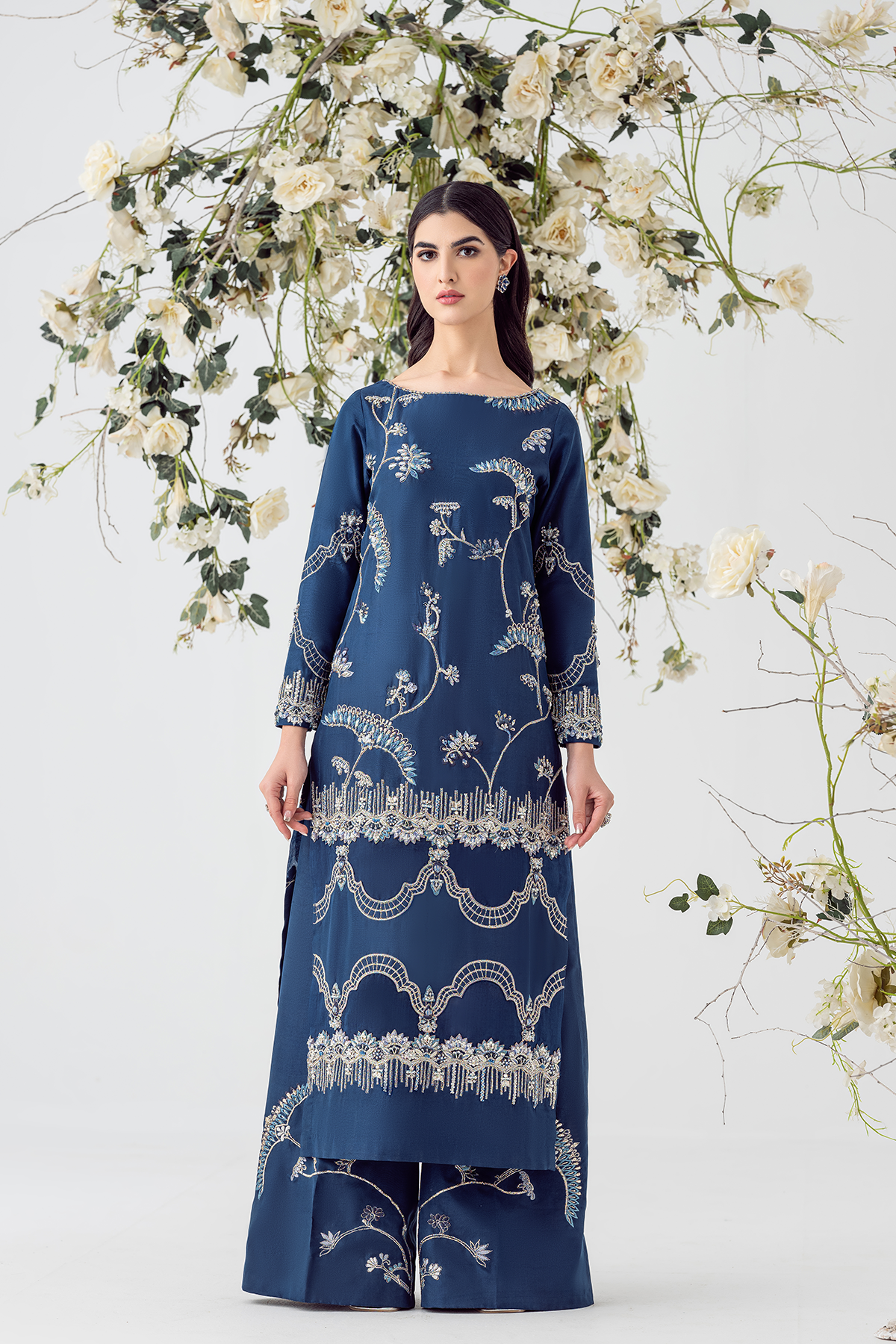 Pakistani Royal Blue Embroidered Raw Silk Salwar Kameez (2-Piece) - Image 6